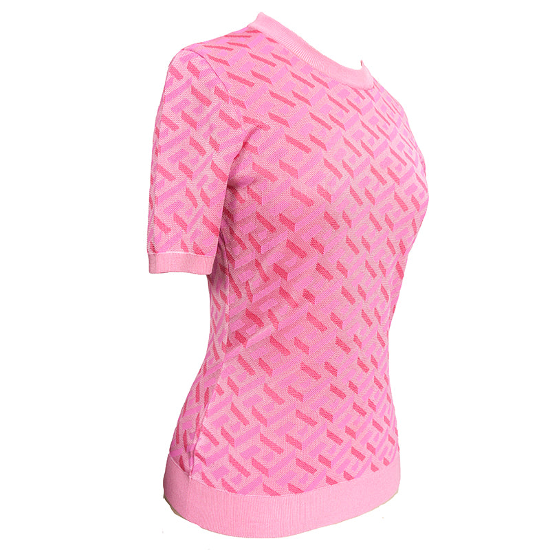 38 NEW $1,375 VERSACE Pink Jacquard LA GRECA Short-Sleeved SWEATER KNIT TOP XS