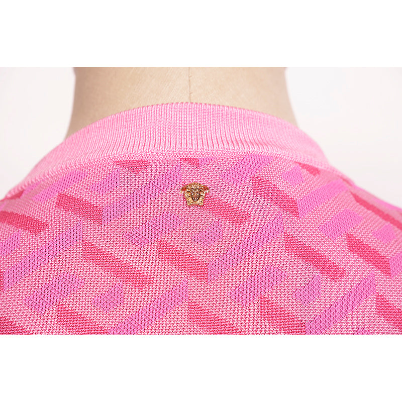 38 NEW $1,375 VERSACE Pink Jacquard LA GRECA Short-Sleeved SWEATER KNIT TOP XS