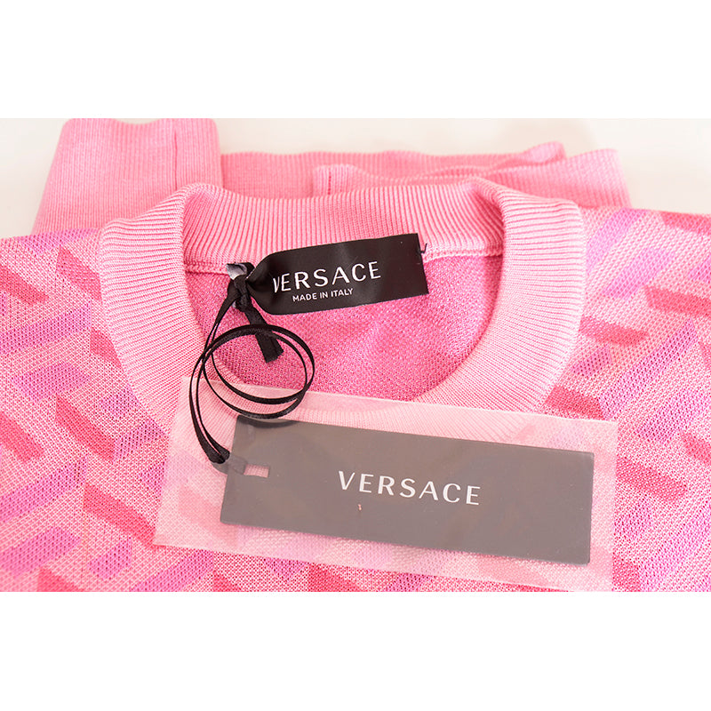 38 NEW $1,375 VERSACE Pink Jacquard LA GRECA Short-Sleeved SWEATER KNIT TOP XS