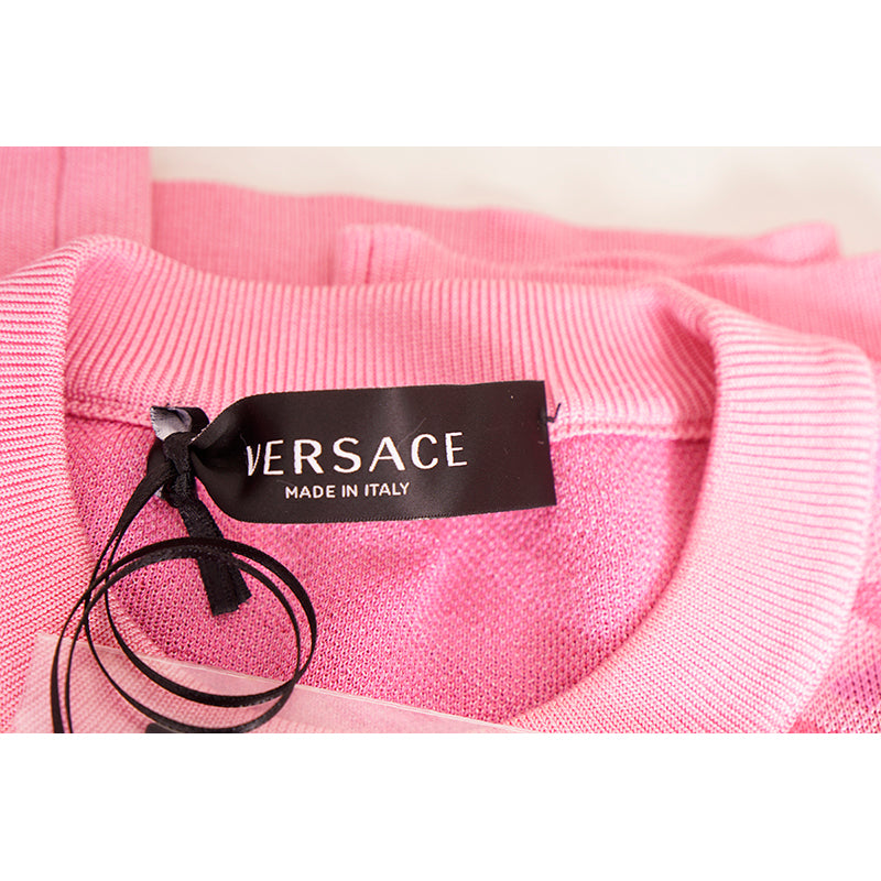 38 NEW $1,375 VERSACE Pink Jacquard LA GRECA Short-Sleeved SWEATER KNIT TOP XS