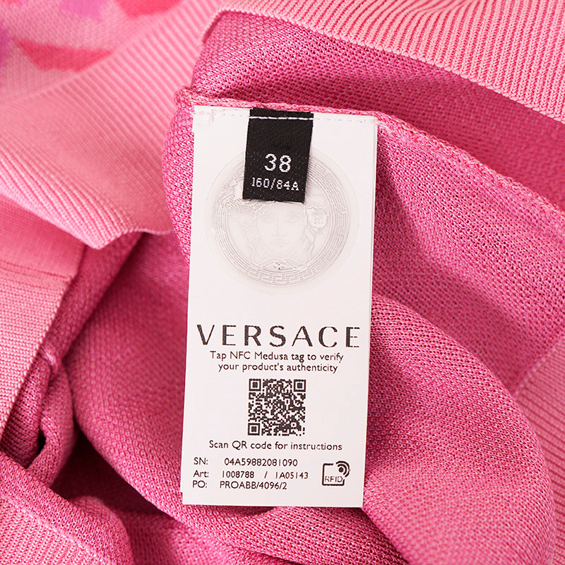 38 NEW $1,375 VERSACE Pink Jacquard LA GRECA Short-Sleeved SWEATER KNIT TOP XS