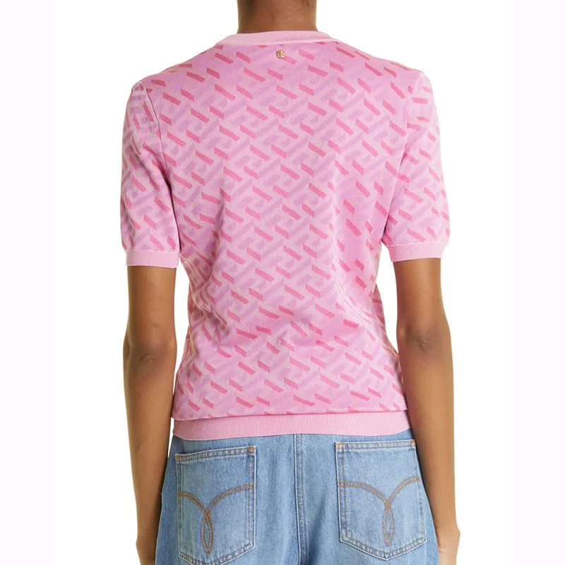38 NEW $1,375 VERSACE Pink Jacquard LA GRECA Short-Sleeved SWEATER KNIT TOP XS