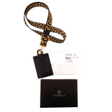 NEW $375 VERSACE Black Leather V LOGO ID Badge CARD CASE Holder & GRECA LANYARD