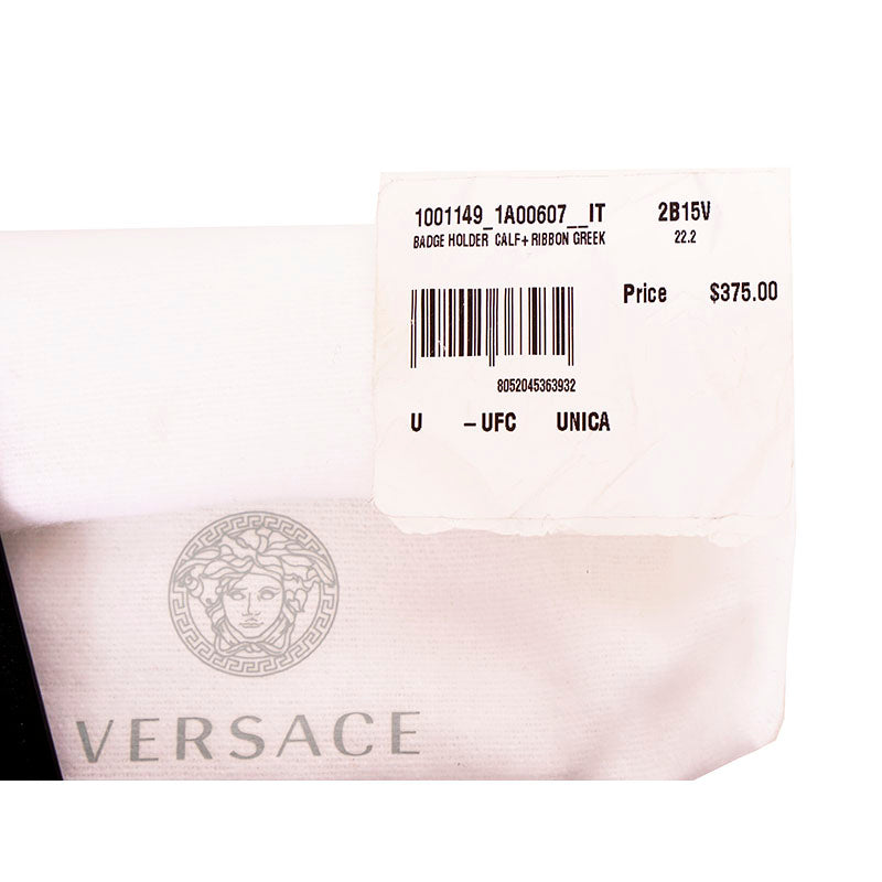 NEW $375 VERSACE Black Leather V LOGO ID Badge CARD CASE Holder & GRECA LANYARD