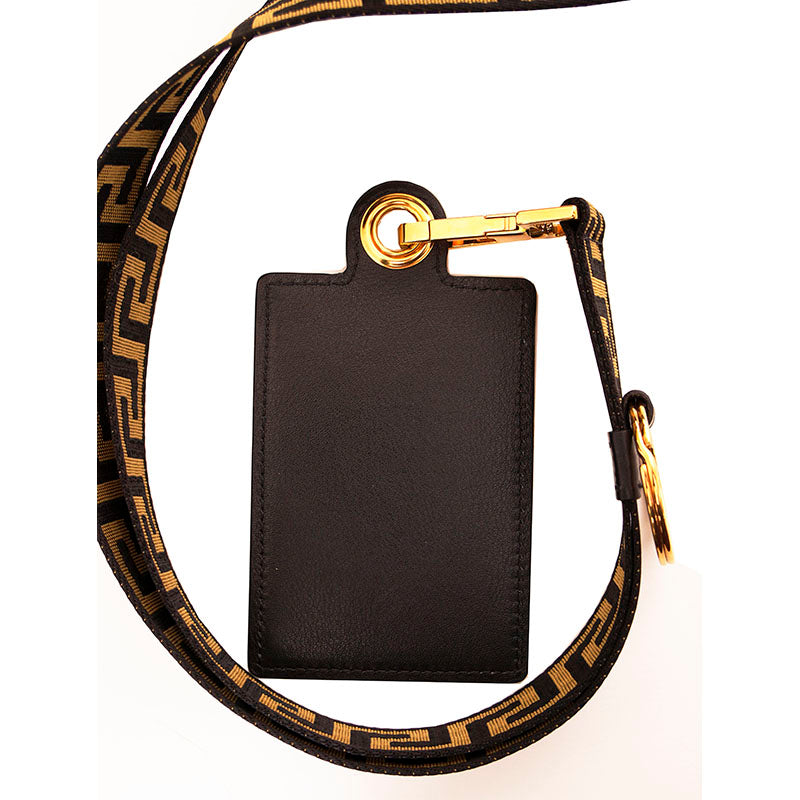 NEW $375 VERSACE Black Leather V LOGO ID Badge CARD CASE Holder & GRECA LANYARD