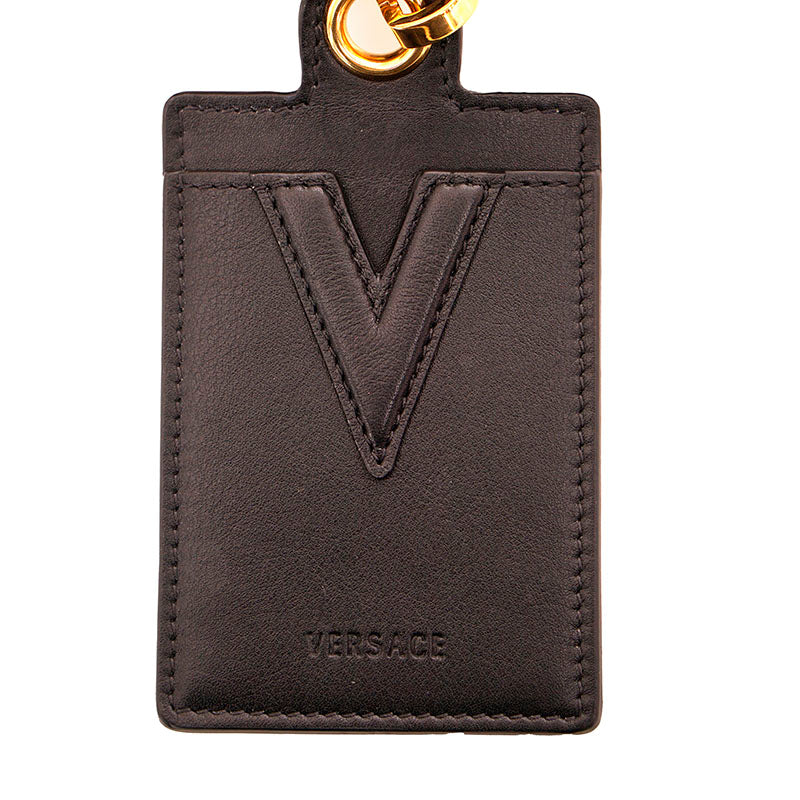 NEW $375 VERSACE Black Leather V LOGO ID Badge CARD CASE Holder & GRECA LANYARD