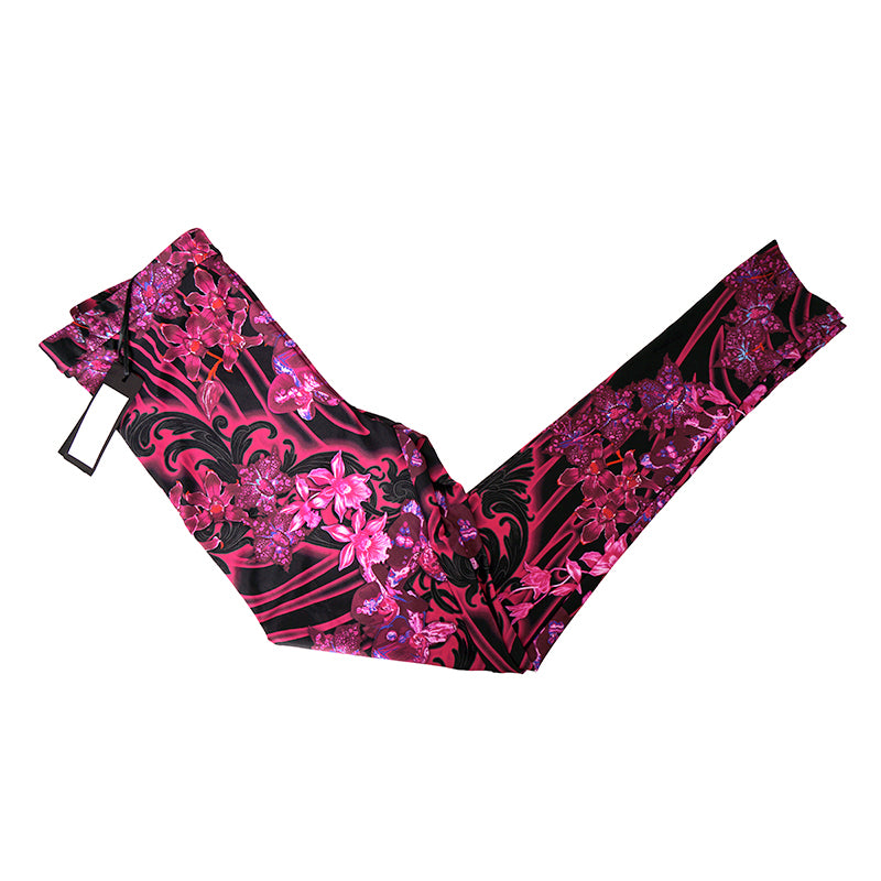 38/42 NEW $925 VERSACE RUNWAY Black Pink-Purple Orchid Flower Print JERSEY LEGGINGS