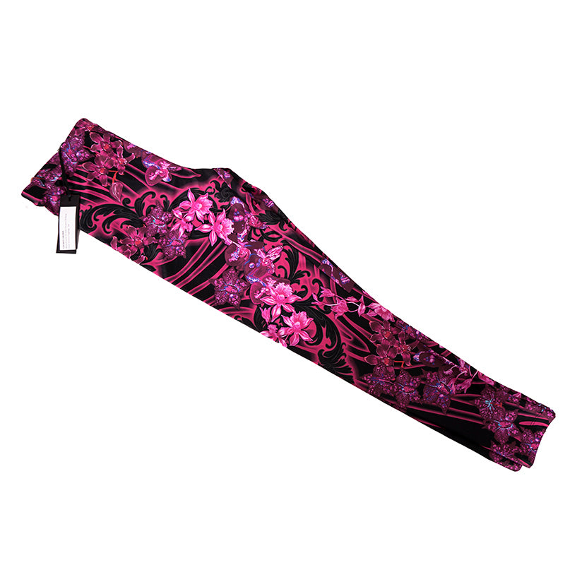 38/42 NEW $925 VERSACE RUNWAY Black Pink-Purple Orchid Flower Print JERSEY LEGGINGS