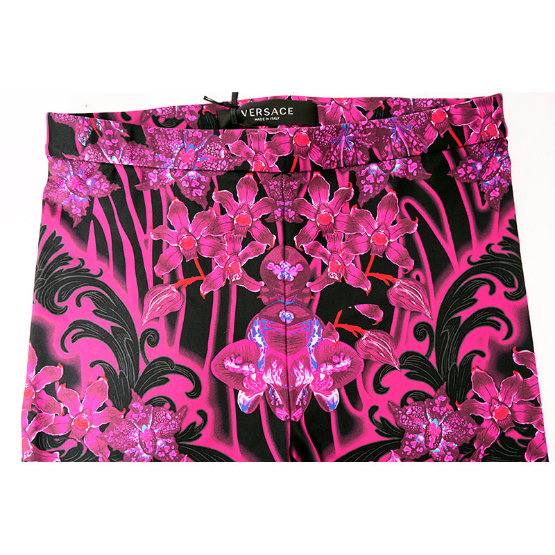 38/42 NEW $925 VERSACE RUNWAY Black Pink-Purple Orchid Flower Print JERSEY LEGGINGS