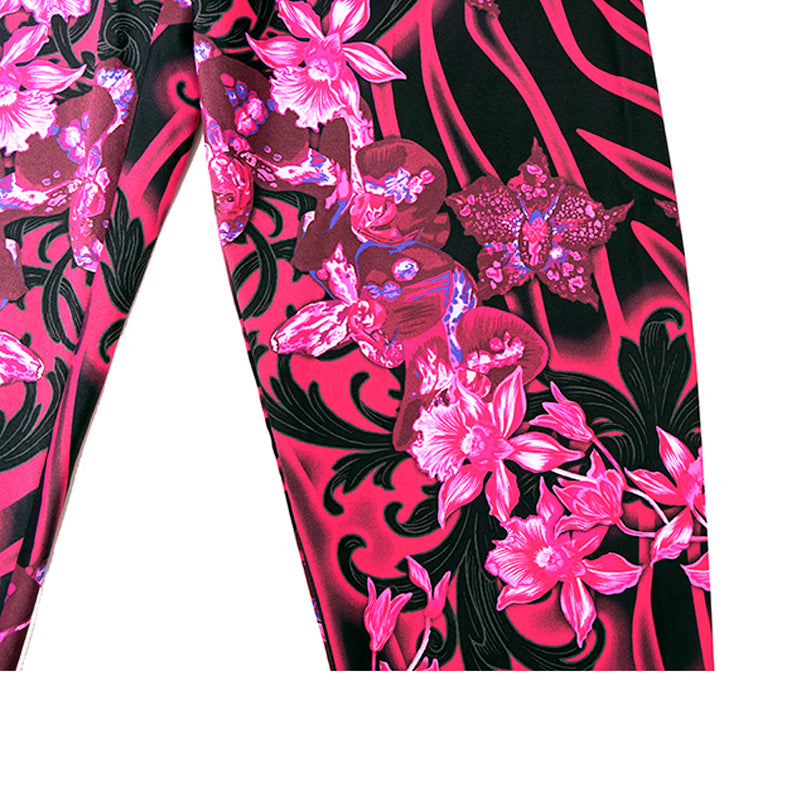 38/42 NEW $925 VERSACE RUNWAY Black Pink-Purple Orchid Flower Print JERSEY LEGGINGS