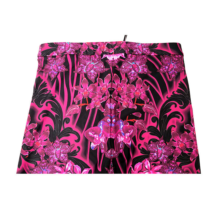 38/42 NEW $925 VERSACE RUNWAY Black Pink-Purple Orchid Flower Print JERSEY LEGGINGS