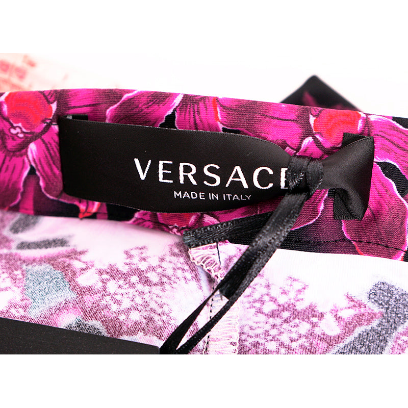 38/42 NEW $925 VERSACE RUNWAY Black Pink-Purple Orchid Flower Print JERSEY LEGGINGS