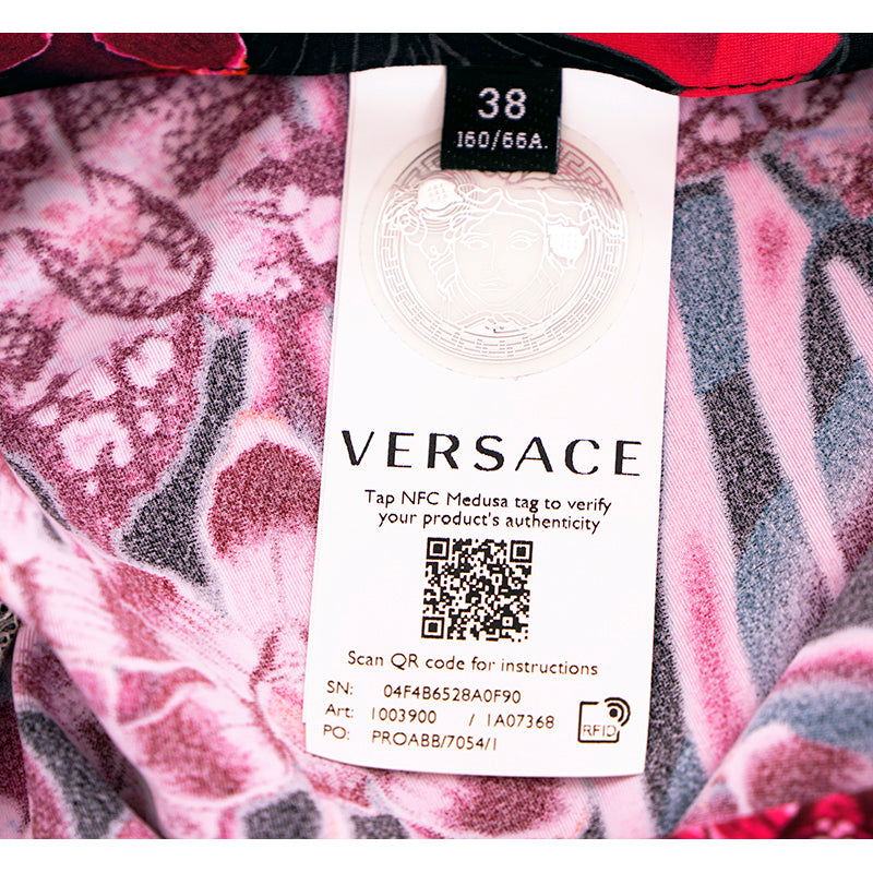 38/42 NEW $925 VERSACE RUNWAY Black Pink-Purple Orchid Flower Print JERSEY LEGGINGS