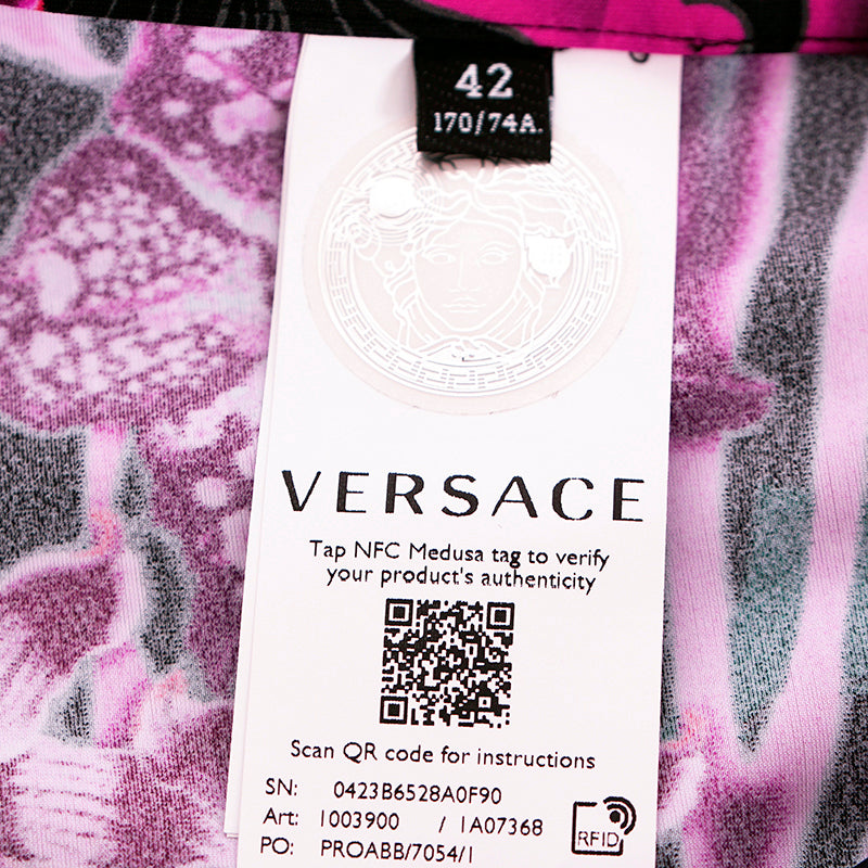 38/42 NEW $925 VERSACE RUNWAY Black Pink-Purple Orchid Flower Print JERSEY LEGGINGS