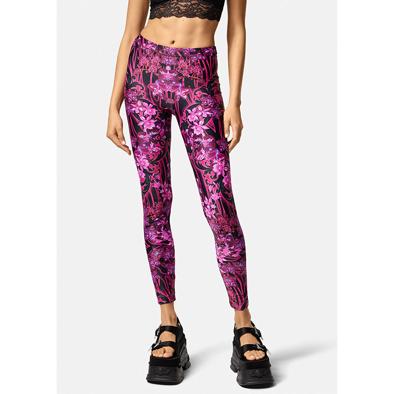 38/42 NEW $925 VERSACE RUNWAY Black Pink-Purple Orchid Flower Print JERSEY LEGGINGS