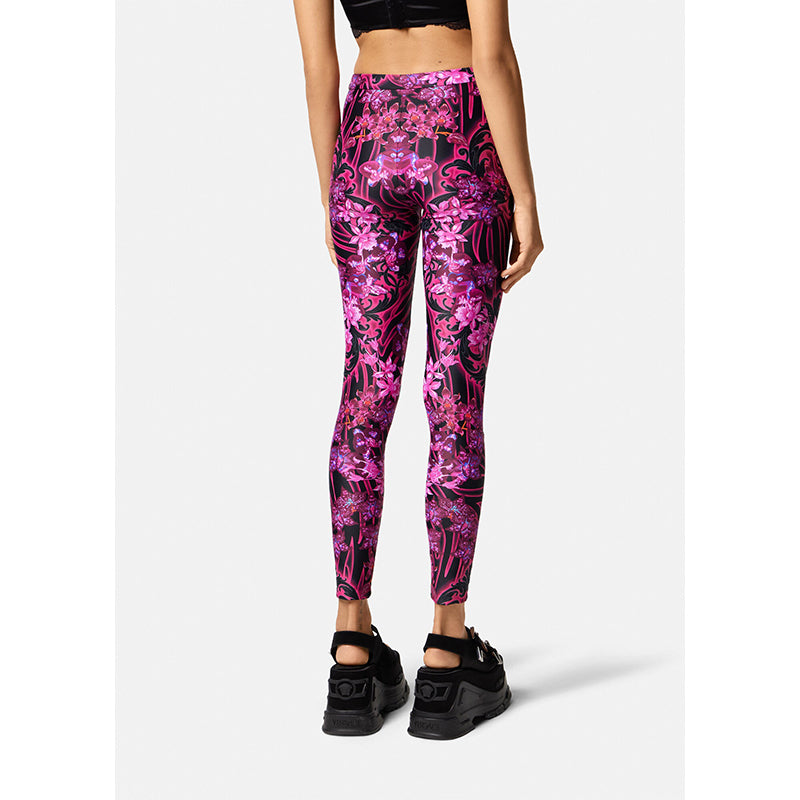 38/42 NEW $925 VERSACE RUNWAY Black Pink-Purple Orchid Flower Print JERSEY LEGGINGS