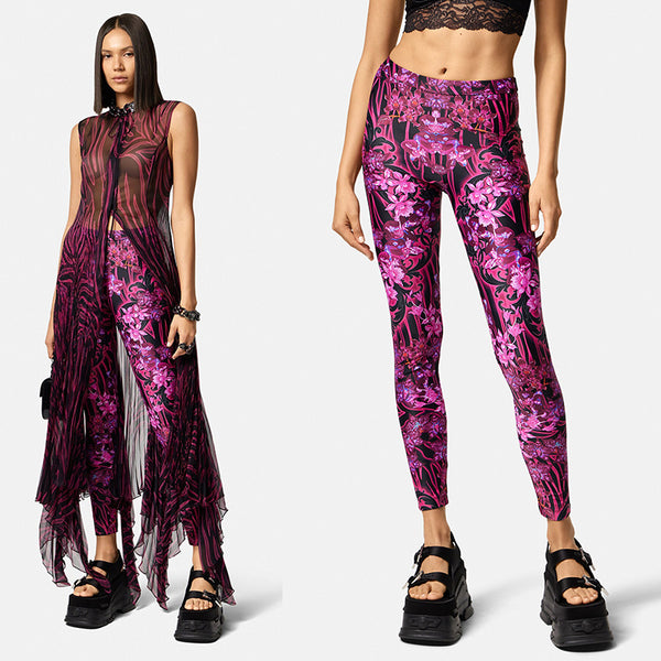 sz 42 NEW $925 VERSACE RUNWAY Black Pink-Purple Orchid Flower Print JERSEY LEGGINGS