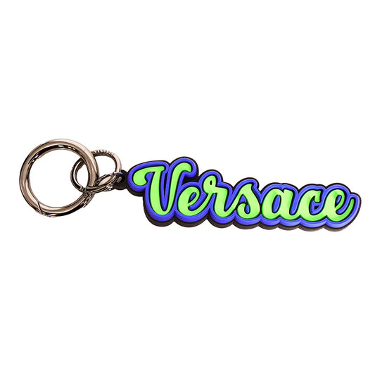 NEW $225 VERSACE Neon Green & Blue SPORTY VARSITY LOGO Silicone KEYCHAIN Bag Fob