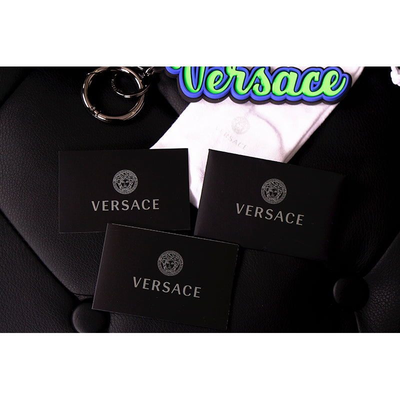 NEW $225 VERSACE Neon Green & Blue SPORTY VARSITY LOGO Silicone KEYCHAIN Bag Fob