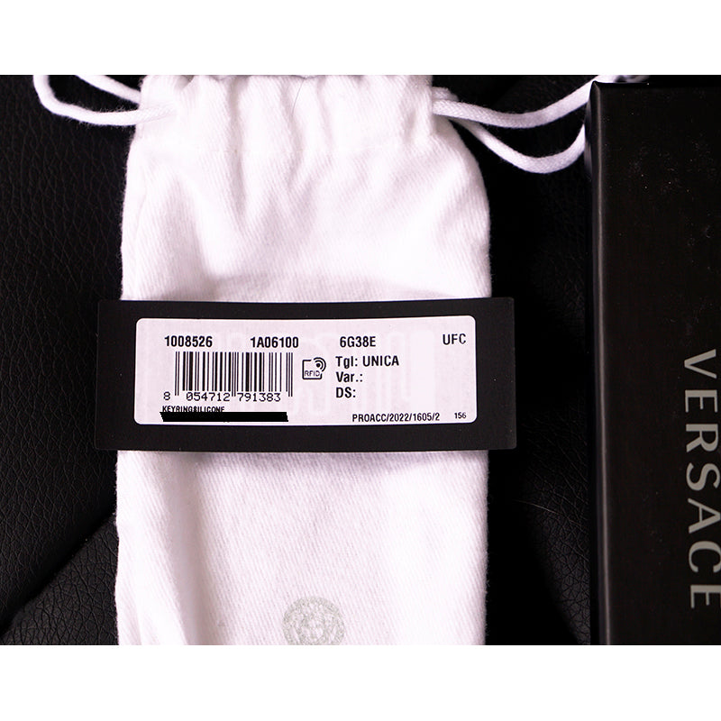 NEW $225 VERSACE Black & White SPORTY VARSITY LOGO Silicone KEYCHAIN Bag Fob NIB