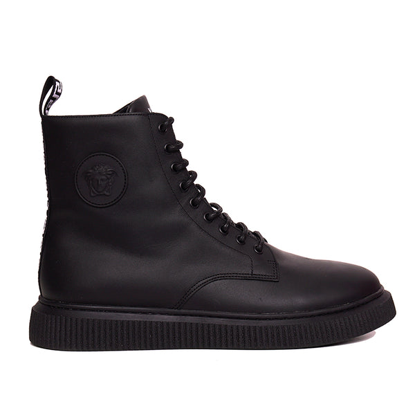 45 NEW $1050 VERSACE Men's Black Leather LOGO COMBAT SNEAKER ANKLE BOOTS