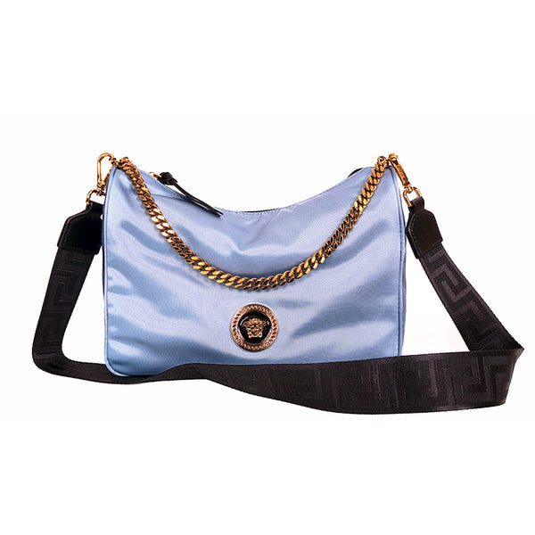 NEW $1,250 VERSACE Blue Nylon GOLD MEDUSA LOGO Hobo BAG w/ REUSABLE GRECA STRAP