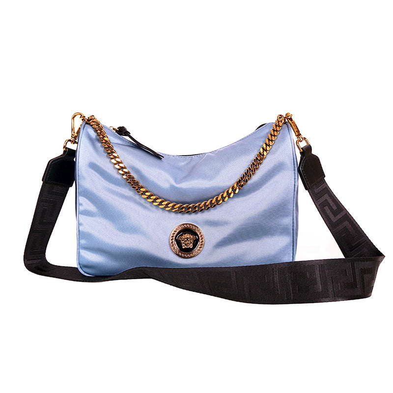 NEW $1,250 VERSACE Blue Nylon GOLD MEDUSA LOGO Hobo BAG w/ REUSABLE GRECA STRAP