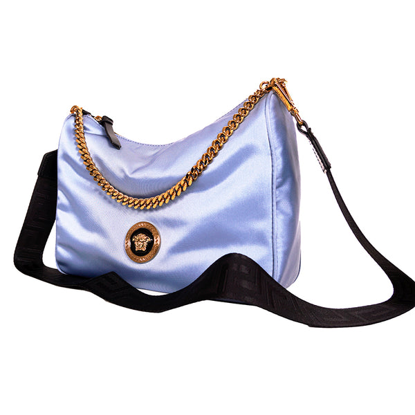 NEW $1,250 VERSACE Blue Nylon GOLD MEDUSA LOGO Hobo BAG w/ REUSABLE GRECA STRAP