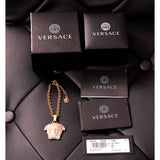 NEW $775 VERSACE Gold Tone Brass CRYSTAL-Embellished LARGE MEDUSA Charm BRACELET