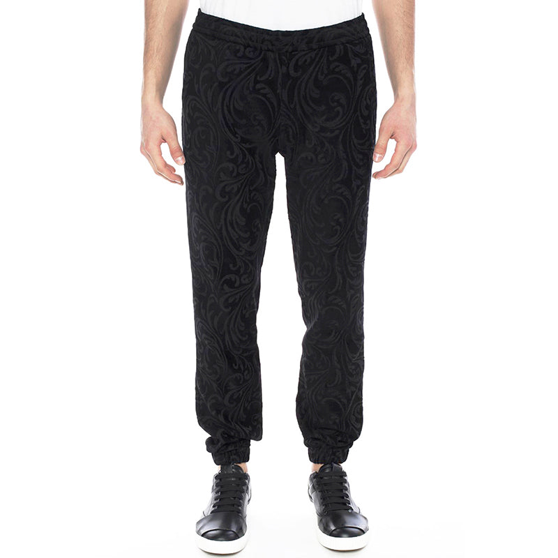 2XL NEW $975 VERSACE Men's Black Velvet/Velour Baroque LOGO Sporty JOGGER PANTS