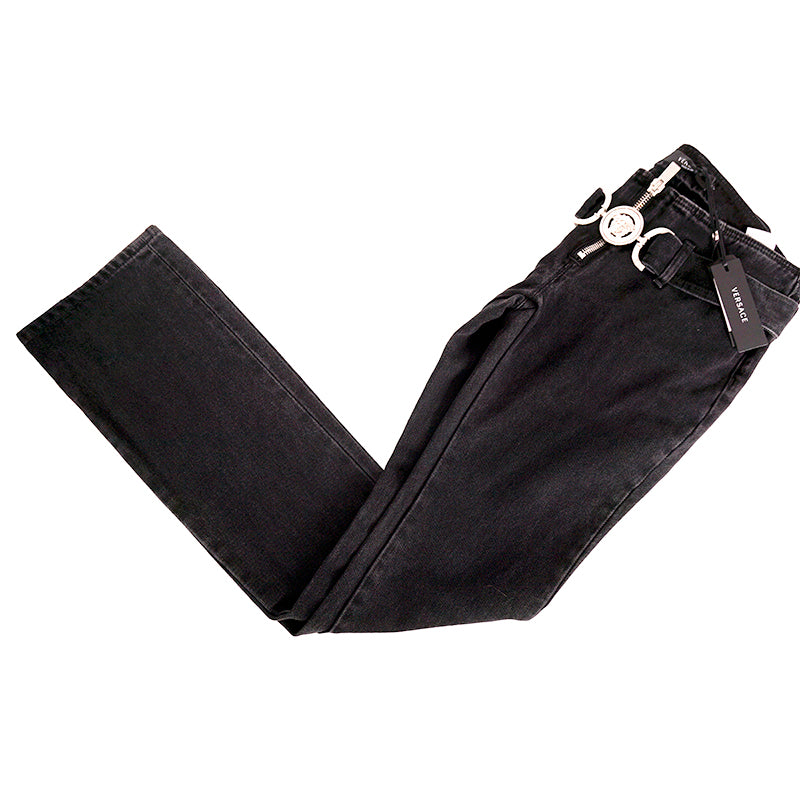 32 NEW $1375 VERSACE Black Dyed Denim BIGGIE LOGO MEDUSA '95 BELT Low Rise JEANS