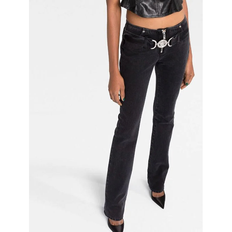 32 NEW $1375 VERSACE Black Dyed Denim BIGGIE LOGO MEDUSA '95 BELT Low Rise JEANS