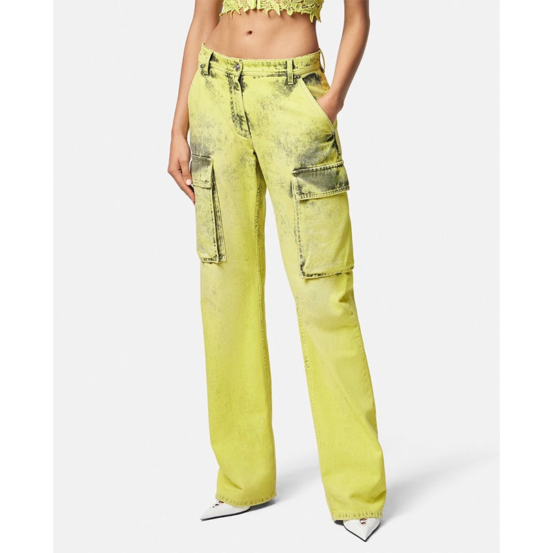 27 & 29 NEW $1675 VERSACE RUNWAY Woman's Acid Yellow Bleach Denim Cargo Pocket JEANS