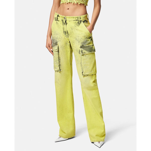 27/29 NEW $1675 VERSACE RUNWAY Woman's Acid Yellow Bleach Denim Cargo Pocket JEANS