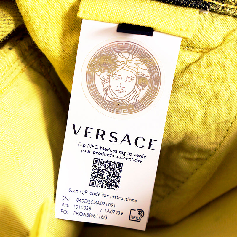 27/29 NEW $1675 VERSACE RUNWAY Woman's Acid Yellow Bleach Denim Cargo Pocket JEANS