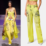 27/29 NEW $1675 VERSACE RUNWAY Woman's Acid Yellow Bleach Denim Cargo Pocket JEANS