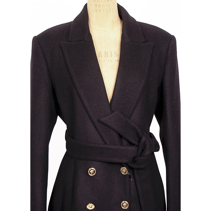 46 US 10 NEW $3190 VERSACE Woman Black 100% WOOL Belted COAT - LOGO PRINT LINING