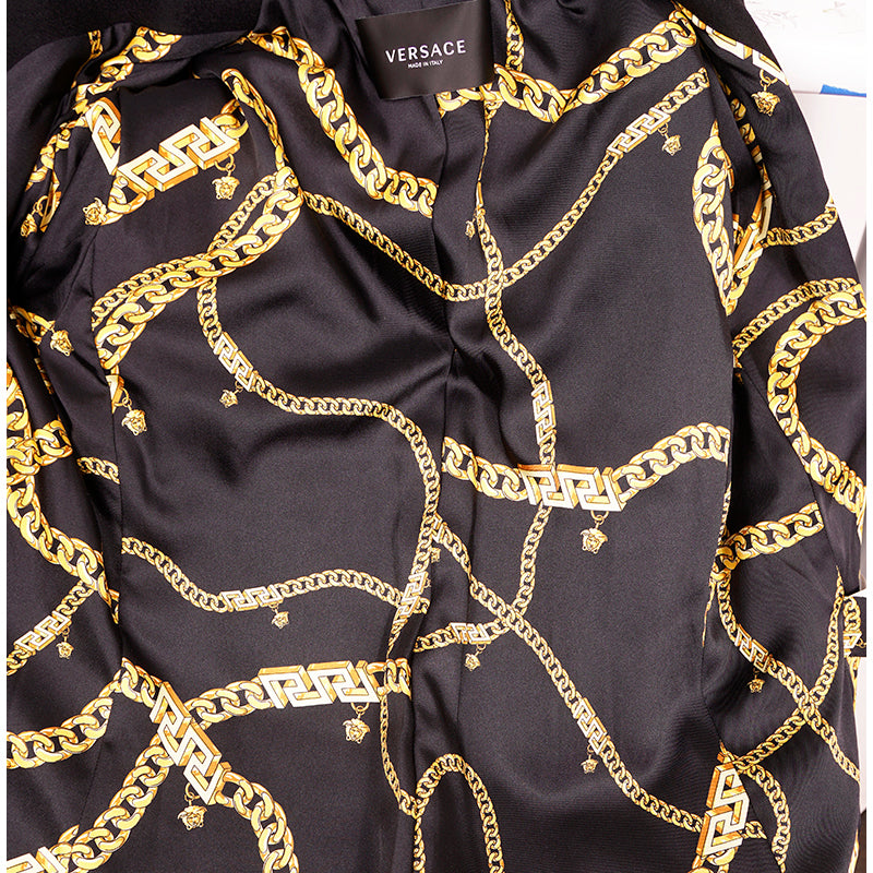 46 US 10 NEW $3190 VERSACE Woman Black 100% WOOL Belted COAT - LOGO PRINT LINING