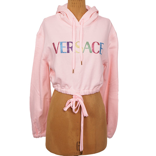 40 NEW $800 VERSACE Woman's CRYSTAL LOGO Cotton CROPPED SWEATSHIRT HOODIE TOP XS