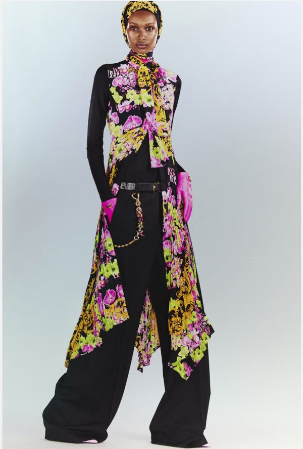 40 NEW $4,595 VERSACE Runway Black PINK ORCHID LOGO PRINT Shirt Pleated DRESS