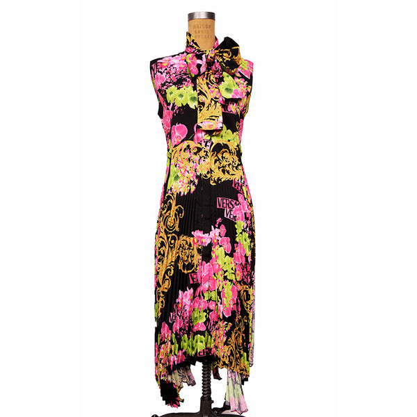 40 NEW $4,595 VERSACE Runway Black PINK ORCHID LOGO PRINT Shirt Pleated DRESS