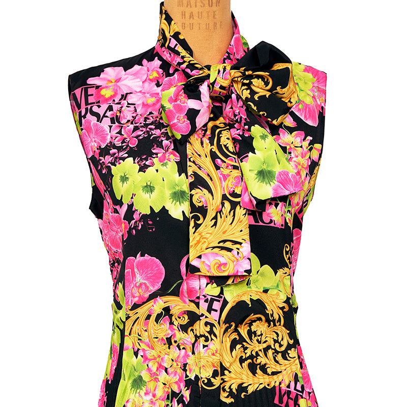 40 NEW $4,595 VERSACE Runway Black PINK ORCHID LOGO PRINT Shirt Pleated DRESS
