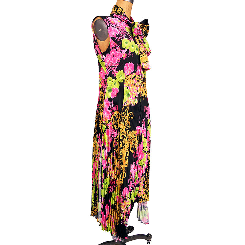 40 NEW $4,595 VERSACE Runway Black PINK ORCHID LOGO PRINT Shirt Pleated DRESS