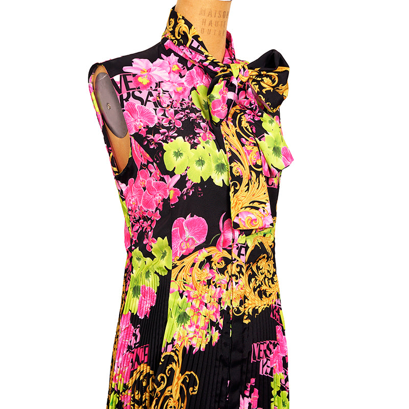 40 NEW $4,595 VERSACE Runway Black PINK ORCHID LOGO PRINT Shirt Pleated DRESS