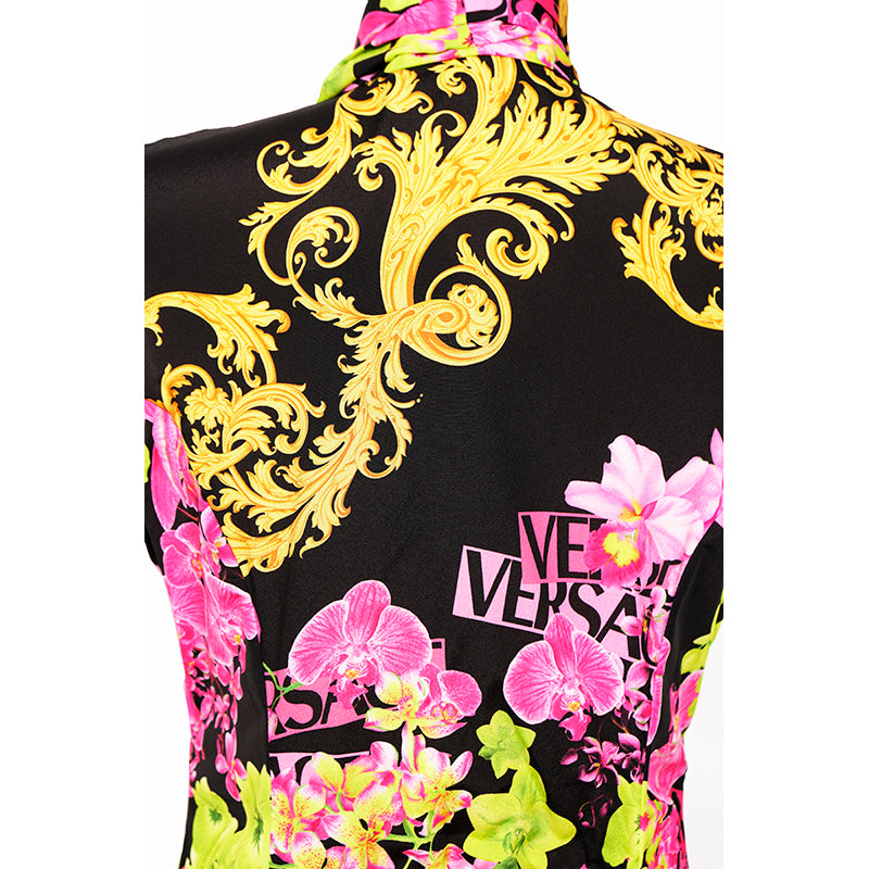 40 NEW $4,595 VERSACE Runway Black PINK ORCHID LOGO PRINT Shirt Pleated DRESS