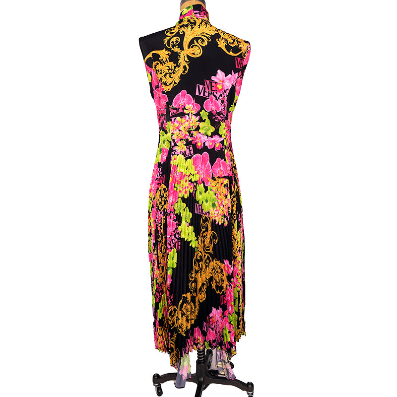 40 NEW $4,595 VERSACE Runway Black PINK ORCHID LOGO PRINT Shirt Pleated DRESS