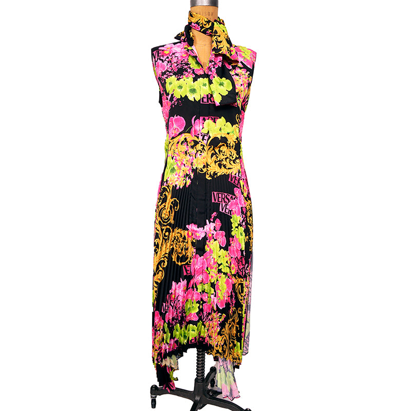 40 NEW $4,595 VERSACE Runway Black PINK ORCHID LOGO PRINT Shirt Pleated DRESS