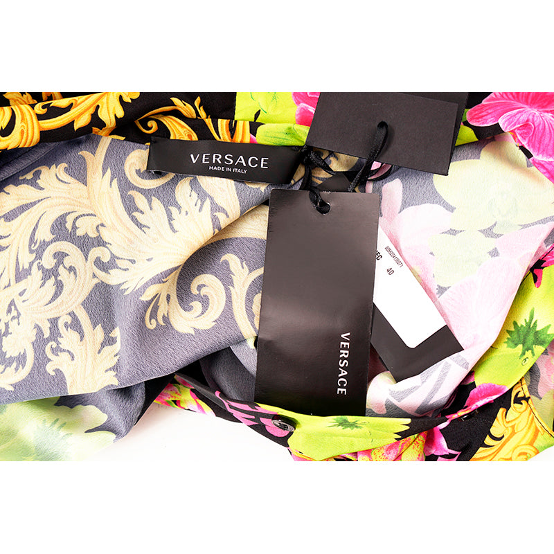 40 NEW $4,595 VERSACE Runway Black PINK ORCHID LOGO PRINT Shirt Pleated DRESS