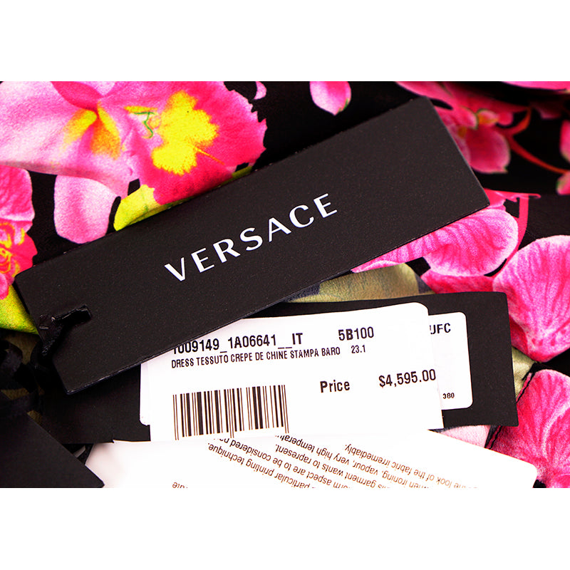 40 NEW $4,595 VERSACE Runway Black PINK ORCHID LOGO PRINT Shirt Pleated DRESS