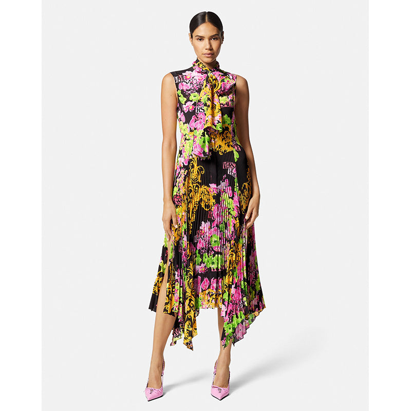 40 NEW $4,595 VERSACE Runway Black PINK ORCHID LOGO PRINT Shirt Pleated DRESS